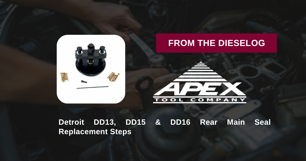 Step-by-step close up layout of W470589004300 press driver seating a PTFE rear main seal on a Detroit DD15 crankshaft